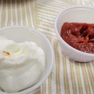 Garlic sauce for my chicken kabob and a house-made spicy catsup that is simply wonderful.