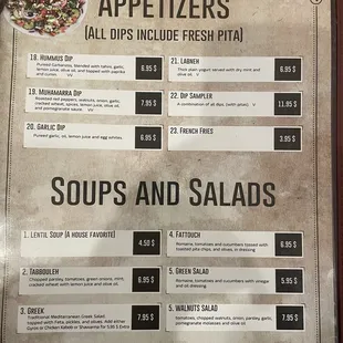 Apps and soups and salad menu