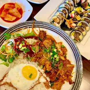 Lunch for 1 lol, gimbap n grilled pork belly with kimchi and rice