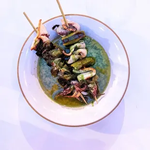 squid &amp; shishito pepper skewers