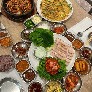 Spicy Squid Hot Stoned Bibimbap, Seafood Pancake, Bossam (Pork Belly Wraps)