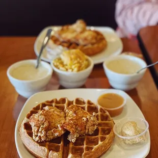 Sweet Potato Waffle &amp; Chicken Cutlet with Vanilla-Almond shmear &amp; Whiskey Crème drizzle. Sides: Grits, Mac &amp; Cheese