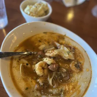 Shrimp and grits with a Mimosa