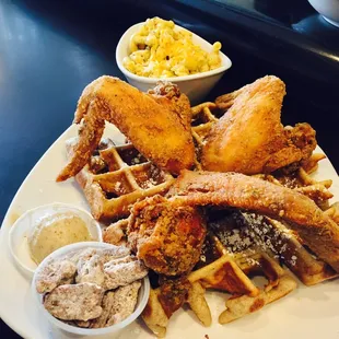 The Carolina Cockerel with 3 wings, sweet potato waffle with maple pecan smear.