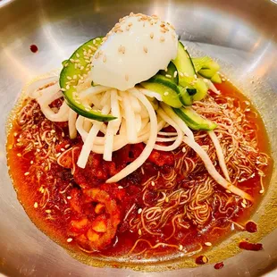 Spicy cold noodle with raw fish (not that good)