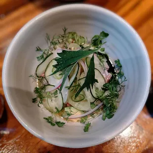 Ceviche with green turnip relish and green tomatoes