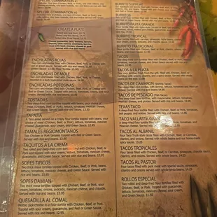 the menu of the restaurant