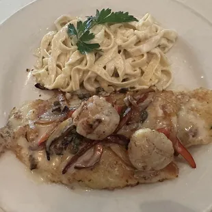 Snapper with scallops and fettuccine