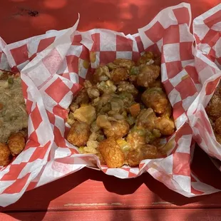 Chicken and dumplings, crawfish etouffee, and parmesan tots