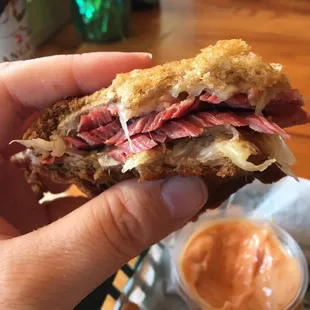 Detail of the Reuben sandwich, lovely thick cut corned beef.