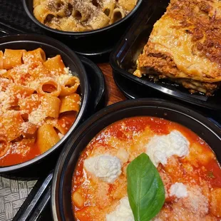 Gnocchi Sorrentina, Mezzemaniche Amatriciana, Mezzemaniche alla Genovese, and Lasagna