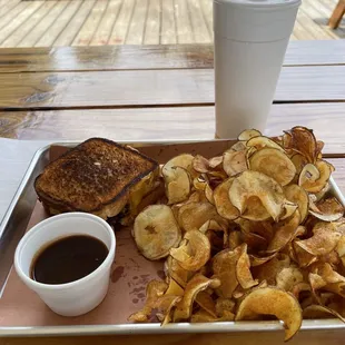 Brisket grilled cheese with ribbon fries (sort of a cross between fries and fresh potato chips)