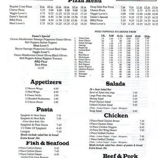 the menu for damo&apos;s pizzeria