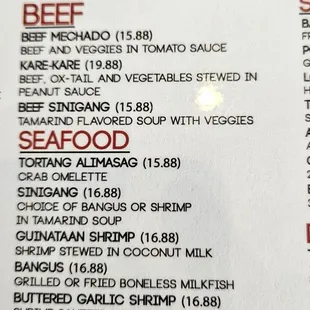 Beef and seafood menu