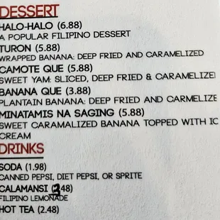 Dessert menu