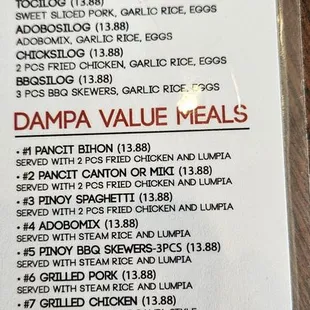 Silogs and value meals menu