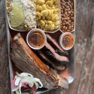 Beef rib, brisket, elote, smoked Mac and cheese, and block beans. Oh my!!!