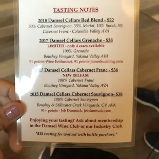 Menu for tasting