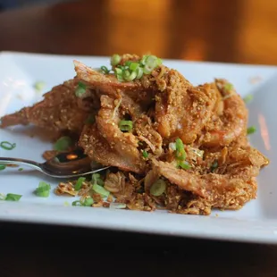 Soybean Crisp Soft-Shell Shrimp - shell-on shrimp deep fried with a soybean batter and tossed with fried shallots