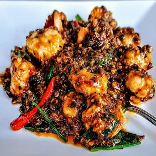 PICKLED SICHUAN Shrimp | 蝦干燒系列: cooked in a flaming wok with minced pork, pickled vegetables, and pickled chili peppers - spice: 2/5  $23.25