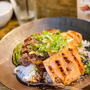 salmon and beef teriyaki don