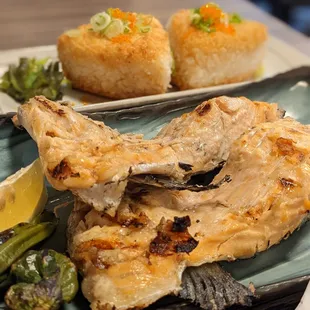 Salmon kama and yaki onigiri with roe