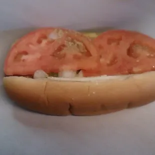 a hot dog with tomatoes and onions