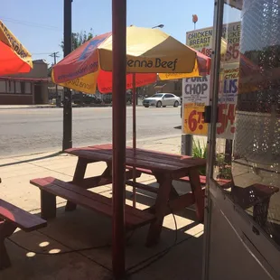 picnic tables and umbrellas