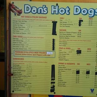 a menu for a hot dog