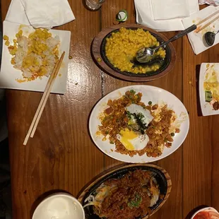 Corn Cheese, Kimchi Fried Rice with Spam, Grilled Spicy Pork. (L-R)