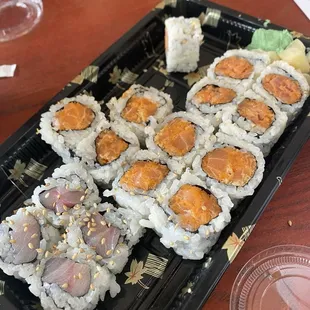 My son already devoured part of our lunch special. Yellow fish, spicy tuna &amp; spicy salmon, only $13.95!