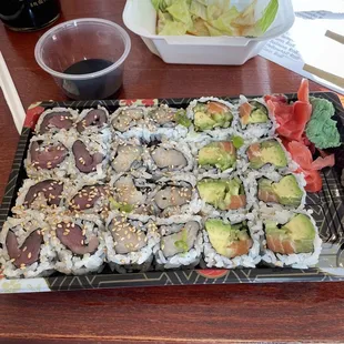 Lunch special-tuna roll, yellowtail roll and  Alaska roll.