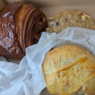 Chocolate croissant, Cornflake marshmallow cookie, Potato onion knish