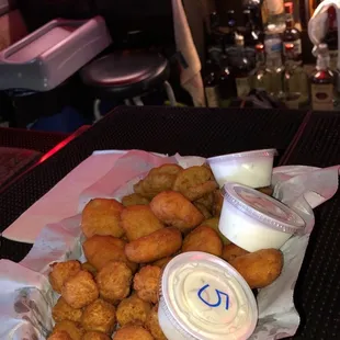 spicy balls, Mac and cheese bites and fried pickles