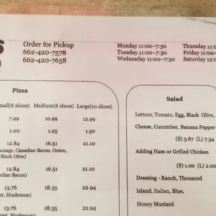 the menu of the restaurant