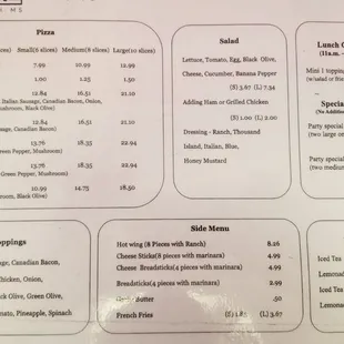 the menu of the restaurant