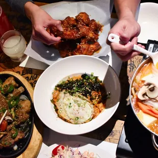 Spicy Army Soup, Kimch Fried Rice, Baby Pork Ribs, and Spicy Fried Chicken with Cocktail Soju