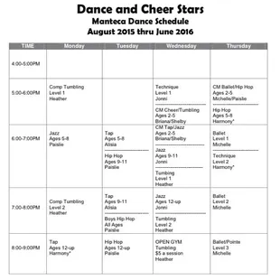 Dance Schedule for Aug 2015-June 2016!