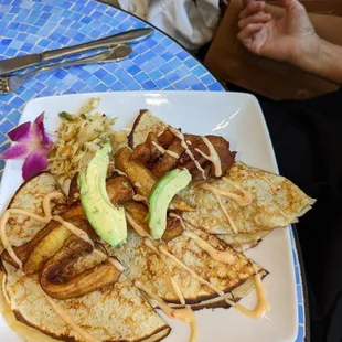 Peach cobbler chicken waffles and jerked chicken crepes