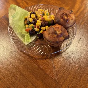 Black bean and corn salad and pimento cheese corn muffins