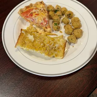 Southern tomato pie with corn pudding and fried okra
