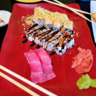 Crunchy California Roll, Tempura Shrimp Roll, Tuna Sushi.