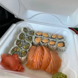 Salmon sashimi, spicy salmon roll, &amp; Alaskan roll