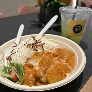 Chicken Tikka Masala with Rice and Green mango refresher