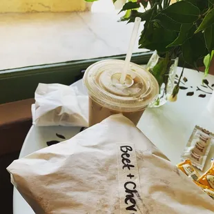 Beet &amp; Chèvre on Focaccia, Iced 16 oz Oat Latte