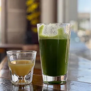 Lemon and ginger shot + greens juice