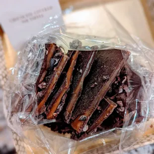 Chocolate covered toffee with cocoa nibs