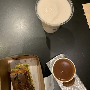 Vegan carrot cake, sipping chocolate, cacao smoothie