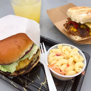 a hamburger and macaroni salad