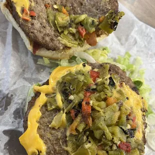 Green chile on the Jungle Jim&apos;s burger